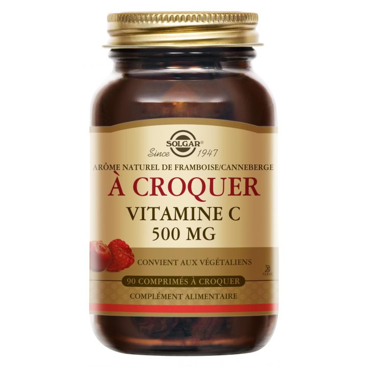 Vitamine C 500 go&ucirc;t framboise/cranberry Solgar - pot de 90 comprim&eacute;s &agrave; croquer