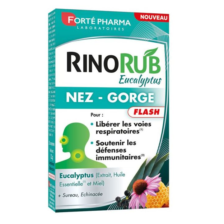 RinoRub Eucalyptus Nez et gorge flash Fort&eacute; Pharma - bo&icirc;te de 15 comprim&eacute;s