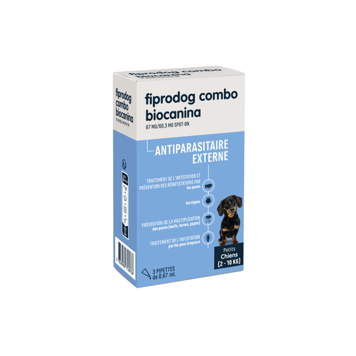 Fiprodog combo 67 mg/60,3 mg antiparasitaire externe petits chiens (2-10kg) Biocanina - bo&icirc;te de 3 pipettes de 0,67ml