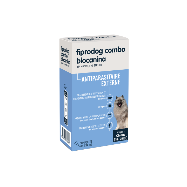 Fiprodog combo 134 mg/120,6 mg antiparasitaire externe moyens chiens (10-20kg) Biocanina - bo&icirc;te de 3 pipettes de 1,34ml