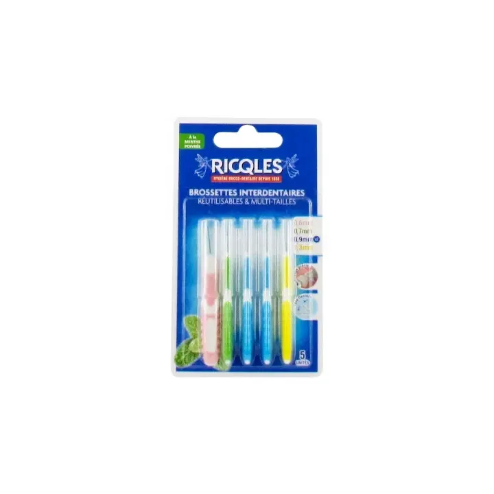 Brossettes interdentaires multi-tailles &agrave; la menthe poivr&eacute;e Ricqles - lot de 5 brossettes