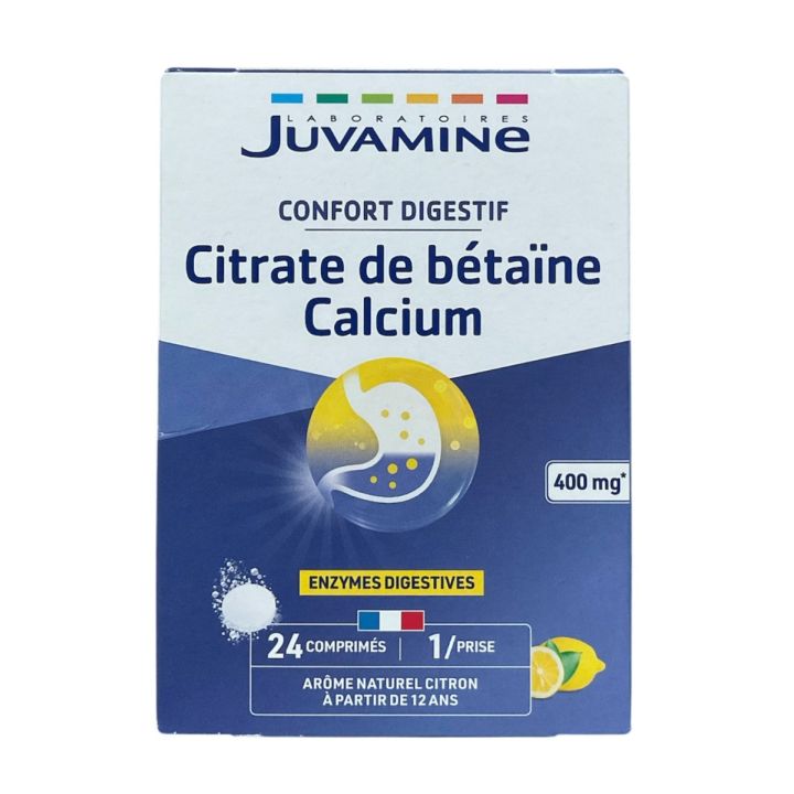 Confort digestif Citrate de b&eacute;ta&iuml;ne Calcium ar&ocirc;me citron Juvamine - boite de 24 comprim&eacute;s effervescents