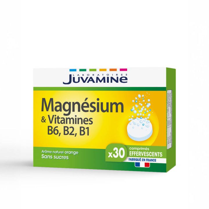 Magn&eacute;sium et Vitamines B6, B2 et B1 Juvamine - bo&icirc;te de 30 comprim&eacute;s effervescents