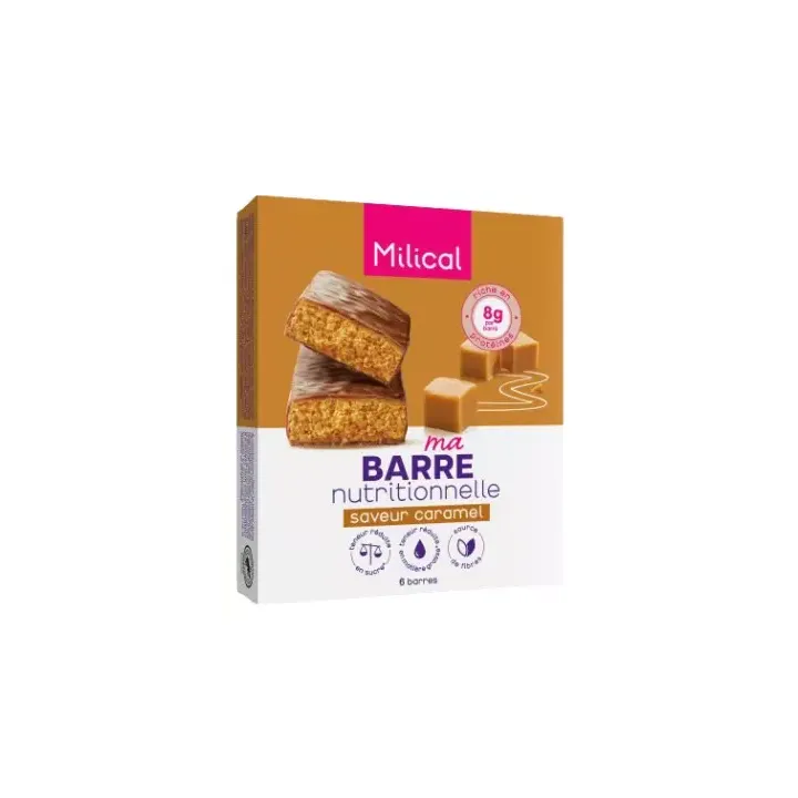 Barre hyperprot&eacute;in&eacute;e saveur caramel Milical - boite de 6 barres