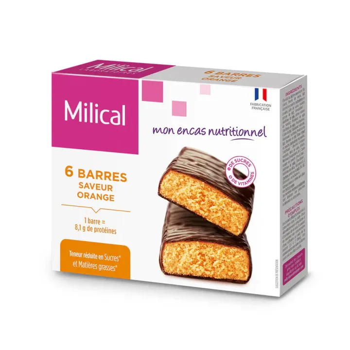 Barre hyperprot&eacute;in&eacute;e saveur orange encas nutritionnel Milical - boite de 6 barres