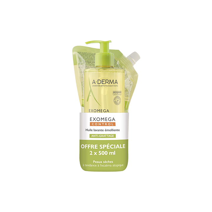 Exomega Control Huile lavante &eacute;molliente anti-grattage A-derma - flacon-pompe et recharge de 500ml