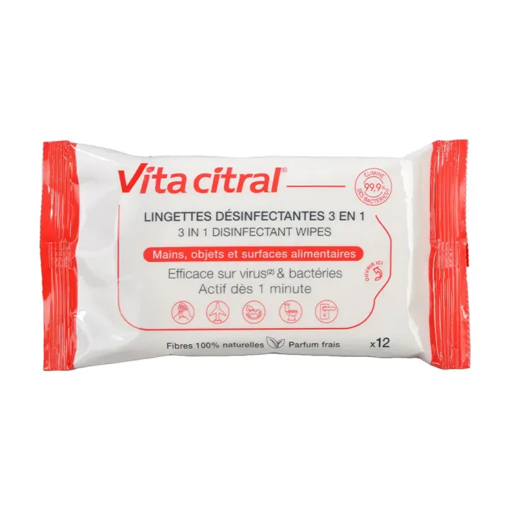 Lingettes d&eacute;sinfectantes 3 en 1 Vita Citral - paquet de 12 lingettes 