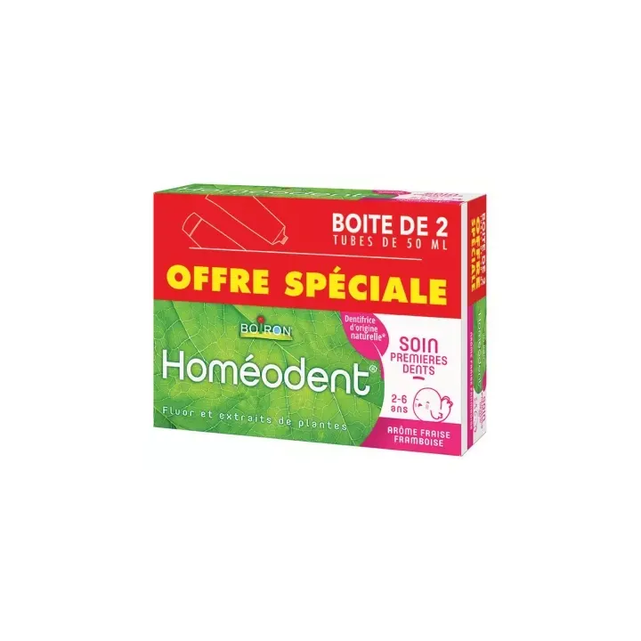 Hom&eacute;odent soin premi&egrave;res dents 2-6 ans ar&ocirc;me fraise framboise Boiron - 2 tubes de 50ml