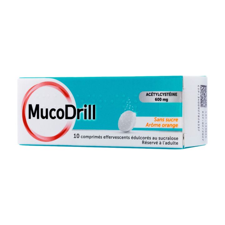 MucoDrill ac&eacute;tylcyst&eacute;ine 600 mg ar&ocirc;me orange - 10 comprim&eacute;s effervescents