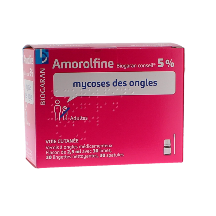 Amorolfine 5% mycoses des ongles Biogaran Conseil - 1 vernis &agrave; ongles m&eacute;dicamenteux de 2,5ml avec 30 limes