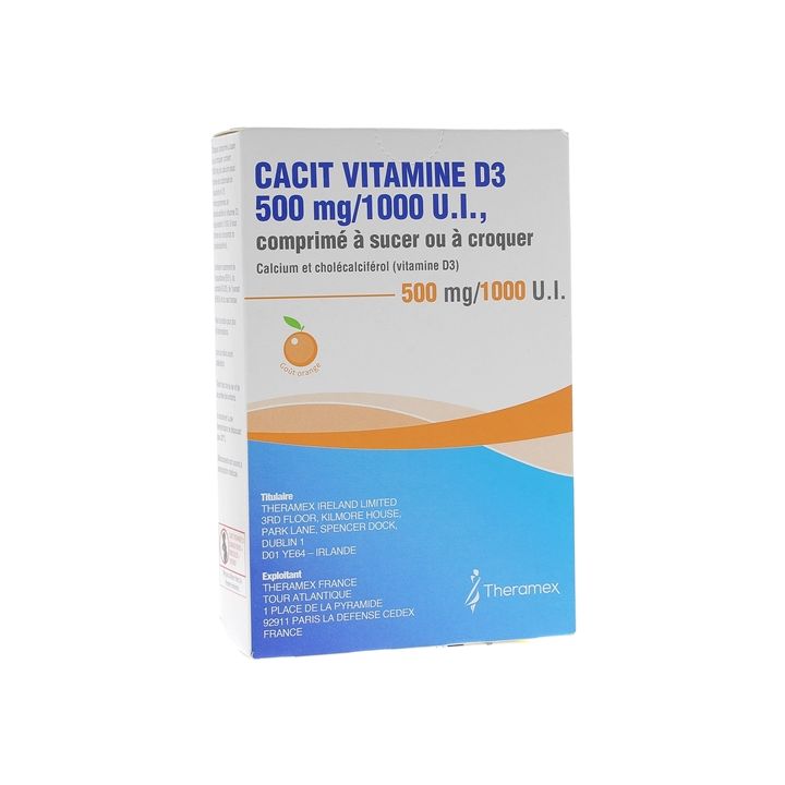 Cacit Vitamine D3 500 mg/1000 UI - bo&icirc;te de 30 comprim&eacute;s &agrave; croquer ou sucer