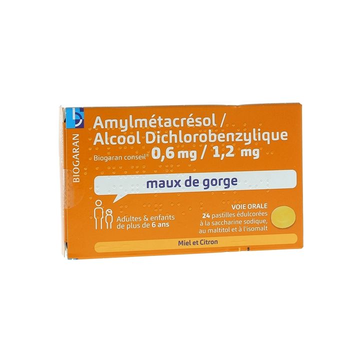 Amylm&eacute;tacr&eacute;sol/Alcool Dichlorobenzylique Biogaran Conseil - bo&icirc;te de 24 pastilles &eacute;dulcor&eacute;es