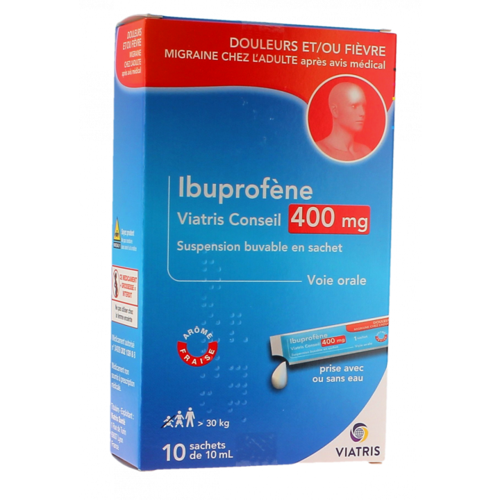 Ibuprof&egrave;ne 400mg ar&ocirc;me fraise Viatris - bo&icirc;te de 10 sachets de 10ml