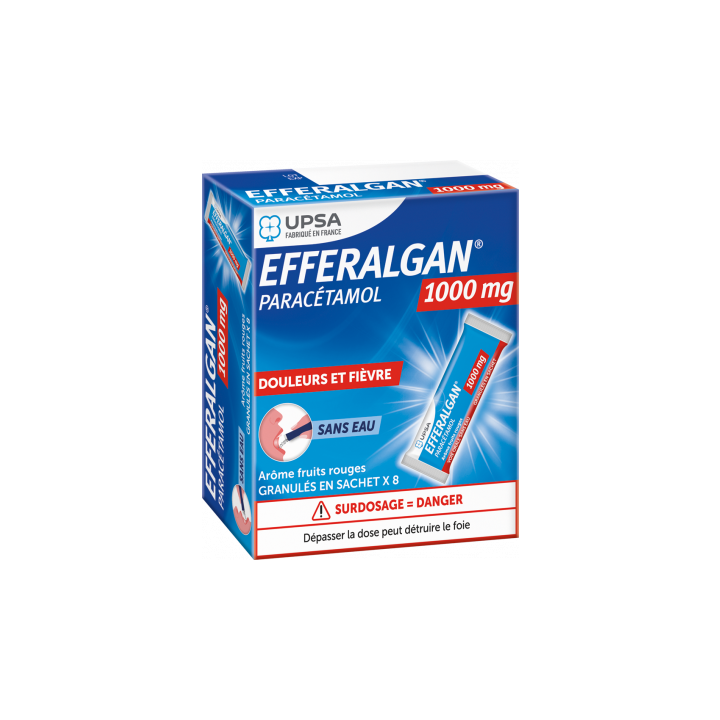 Efferalgan 1000mg ar&ocirc;me fruits rouges granul&eacute;s en sachet - boite de 8 sachets
