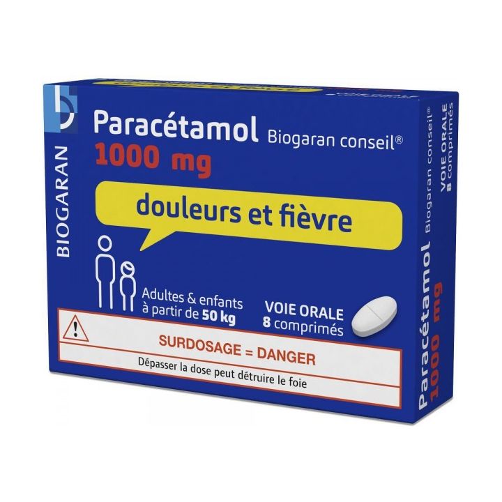 Parac&eacute;tamol 1000mg douleurs et fi&egrave;vre Biogaran - une boite de 8 comprim&eacute;s 