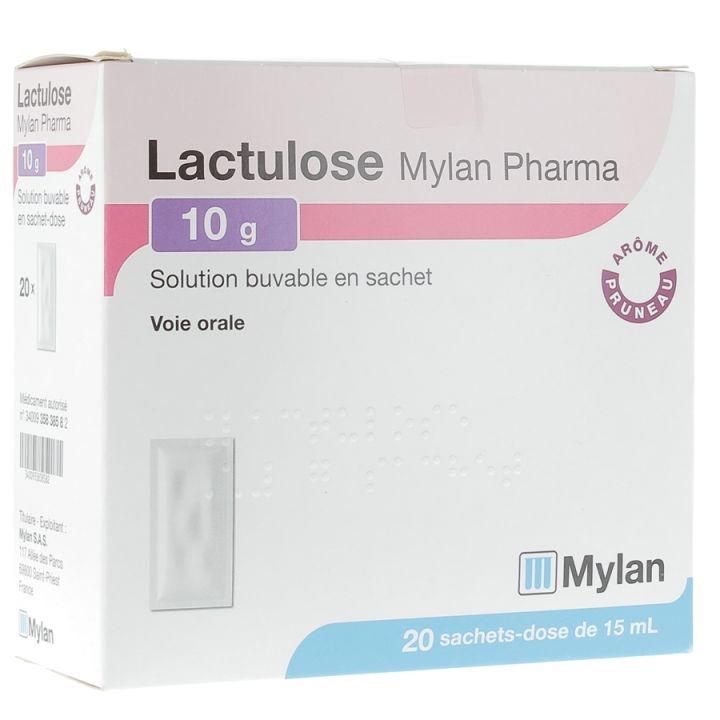 LACTULOSE MYLAN 10 g/15 ml solution buvable en sachet ar&ocirc;me pruneau - boite de 20 sachets-doses