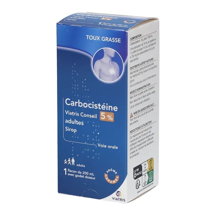 Carbocist&eacute;ine 5% adultes sirop Viatris - flacon de 200ml