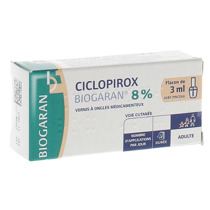 Ciclopirox 8% vernis &agrave; ongles Biogaran - flacon de 3ml avec pinceau