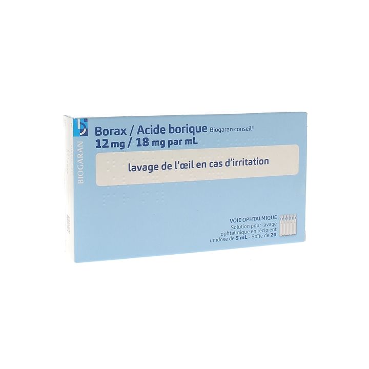 Borax Acide borique Biogaran solution pour lavage ophtalmique - bo&icirc;te de 20 unidoses de 5ml
