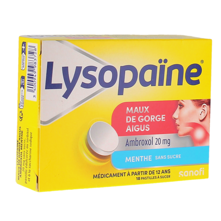 Lysopa&iuml;ne sans sucre maux de gorge aigus menthe 20mg - boite de 18 pastilles &agrave; sucer