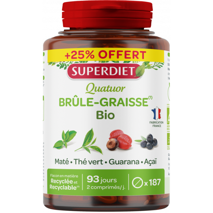 Quatuor Br&ucirc;le-graisses bio Super Diet - pot de 187 comprim&eacute;s + 25% offert