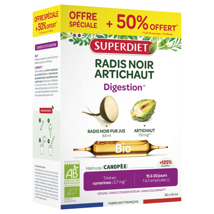 Radis noir / Artichaut bio Super Diet - bo&icirc;te de 30 ampoules de 15 ml offre sp&eacute;ciale +50% offert