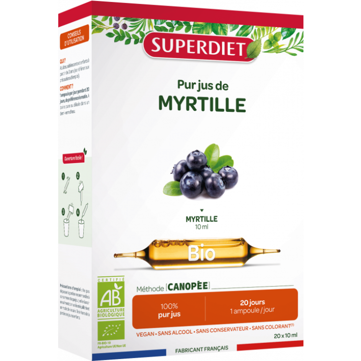 Myrtille bio Super Diet - bo&icirc;te de 20 ampoules de 15 ml