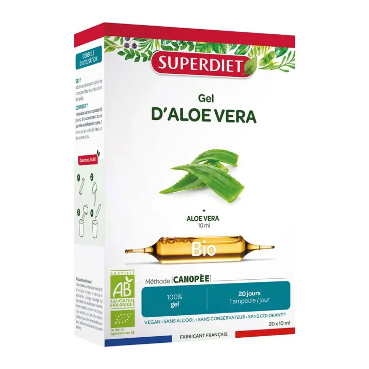 Gel d'Alo&eacute; vera bio Super Diet - boite de 20 ampoules de 10ml