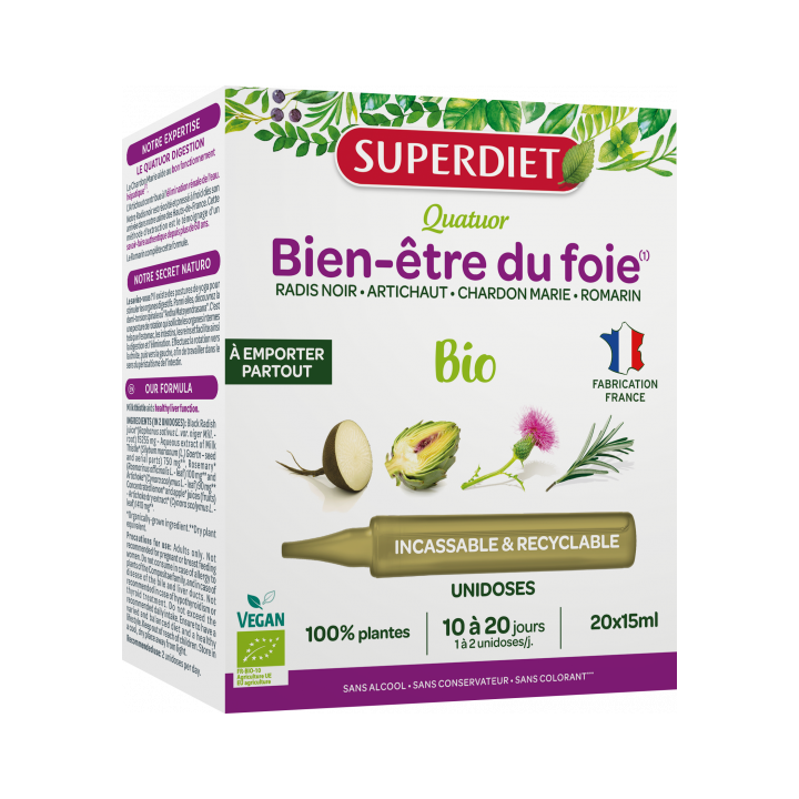 Quatuor Bien-&ecirc;tre du foie bio Superdiet - bo&icirc;te de 20 unidoses de 15ml