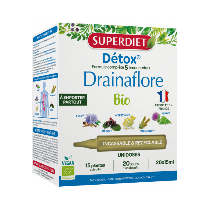 Drainaflore d&eacute;tox bio Superdiet - bo&icirc;te de 20 unidoses de 15ml