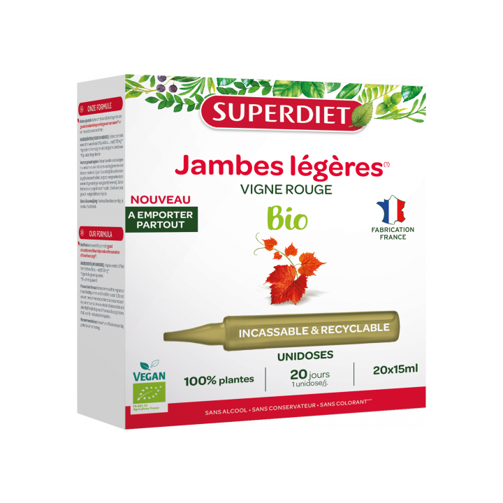 Jambes l&eacute;g&egrave;res vigne rouge Superdiet - bo&icirc;te de 20 unidoses de 15ml