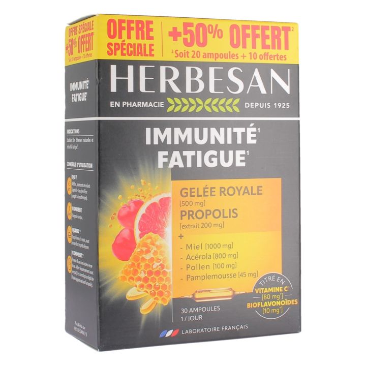 Syst&egrave;me immunitaire r&eacute;duction de la fatigue Herbesan - Boite de 20 ampoules + 10 offertes