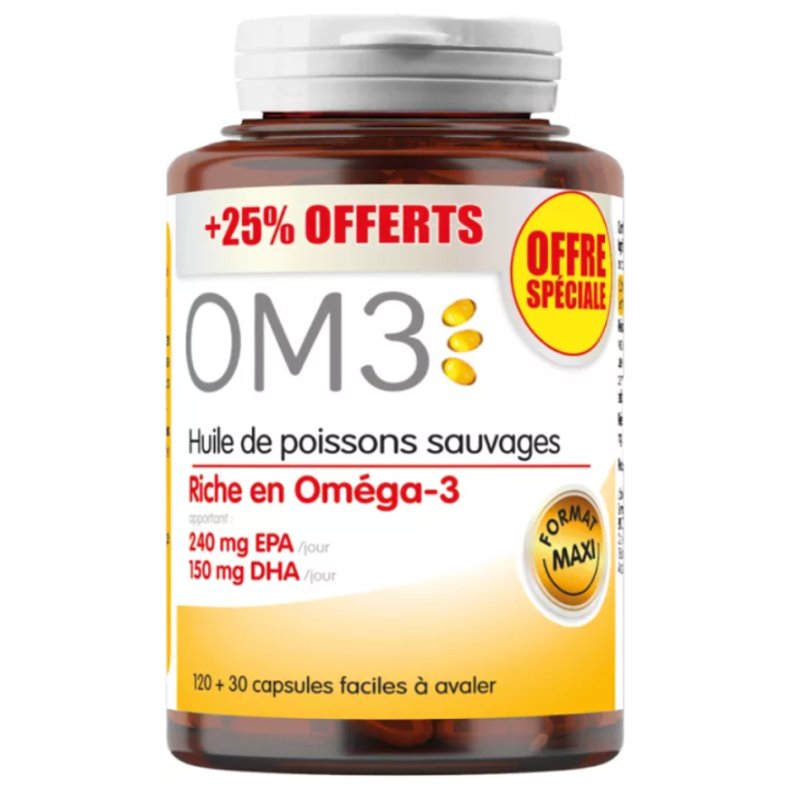 OM3 Huile de poisson sauvage Super Diet - offre sp&eacute;ciale +25% offerts 120+130 capsules 