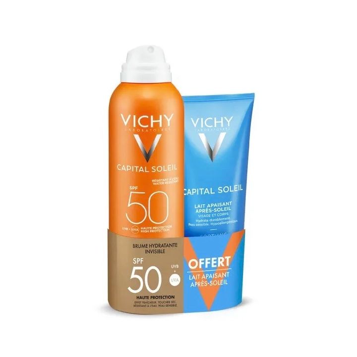 Capital Soleil brume hydratante invisible SPF50+ Vichy - spray de 200ml + lait apr&egrave;s-soleil 100ml offert