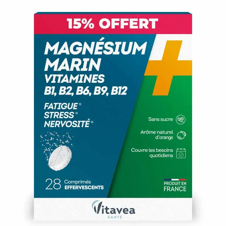 Magn&eacute;sium marin + vitamines B1 B2 B6 B9 B12 Vitavea - boite de 28 comprim&eacute;s effervescents offre sp&eacute;ciale