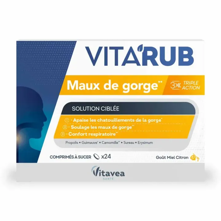 Vita'Rub gorge go&ucirc;t miel citron Vitavea Sant&eacute; - bo&icirc;te de 24 comprim&eacute;s &agrave; sucer  