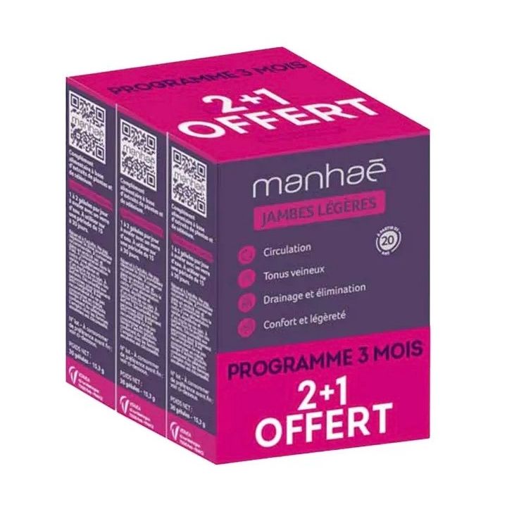 Manha&eacute; jambes l&eacute;g&egrave;res Vitavea - lot de 3 boites de 30 g&eacute;lules offre 2+1 offert