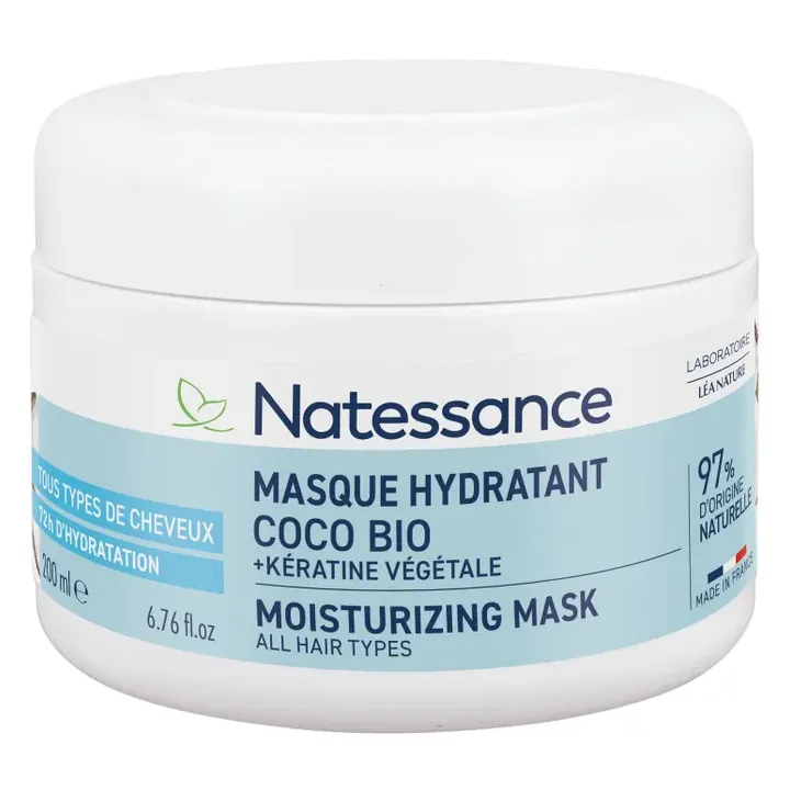 Masque capillaire hydratant coco bio et k&eacute;ratine v&eacute;g&eacute;tale Natessance - pot de 200ml