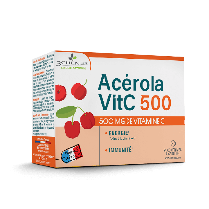 Ac&eacute;rola VitC 500 mg Les 3 Ch&ecirc;nes - bo&icirc;te de 24 comprim&eacute;s &agrave; croquer