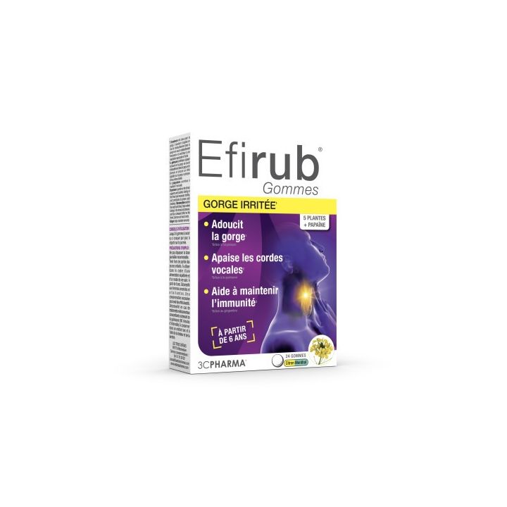 Efirub gommes gorge irrit&eacute;e citron menthol 3C Pharma - bo&icirc;te de 24 gommes