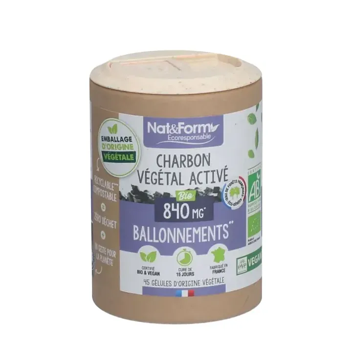 Charbon v&eacute;g&eacute;tal activ&eacute; bio confort digestif Nat&Form - bo&icirc;te de 45 g&eacute;lules