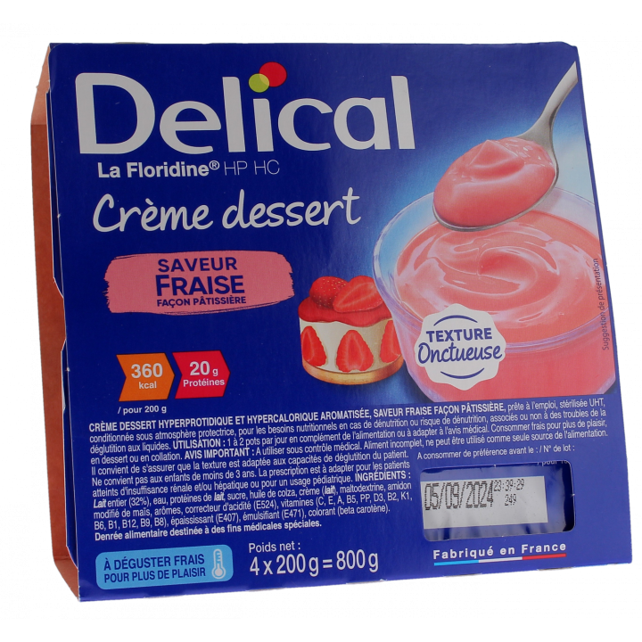 Delical Cr&egrave;me dessert HP/HC La Floridine saveur fraise fa&ccedil;on p&acirc;tissi&egrave;re - 4 pots de 200g