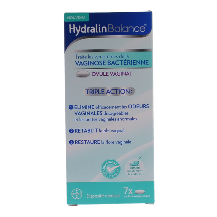 Traitement vaginose bact&eacute;rie triple action Hydralin balance - boite de 7 ovules