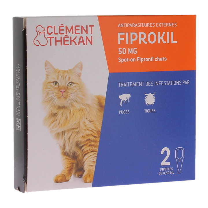 Fiprokil antiparasitaire externe chat 50mg Cl&eacute;ment th&eacute;kan - boite de 2 pipettes de 0.50ml