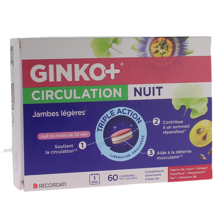 Ginko+ circulation nuit jambes l&eacute;g&egrave;res triple action Bouchara - boite de 60 comprim&eacute;s