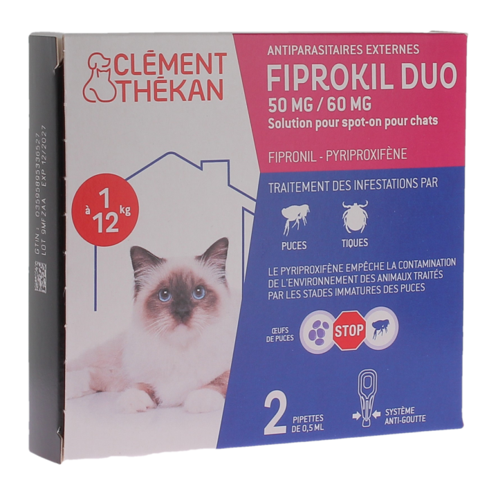 Fiprokil duo antiparasitaire chats 1 &agrave; 12kg 50/60mg Cl&eacute;ment th&eacute;kan - boite de 2 pipettes de 0,5ml