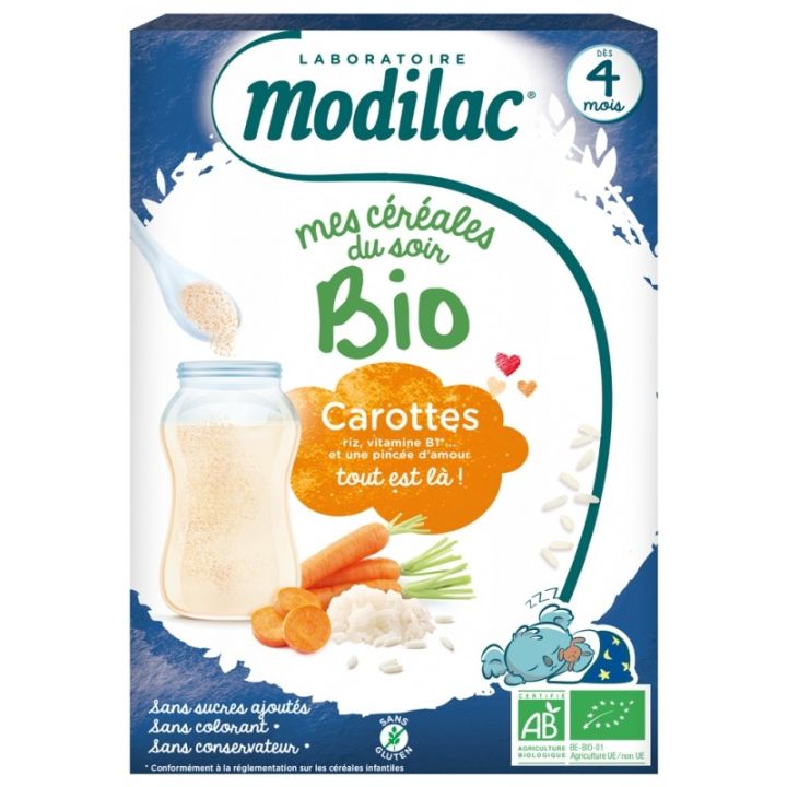 Mes c&eacute;r&eacute;ales du soir bio d&egrave;s 4 mois carottes Modilac - boite de 250 g