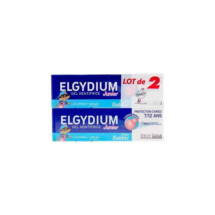 Dentifrice au fluorinol 7-12 ans go&ucirc;t bubble Elgydium Junior - lot de 2 tubes de 50ml