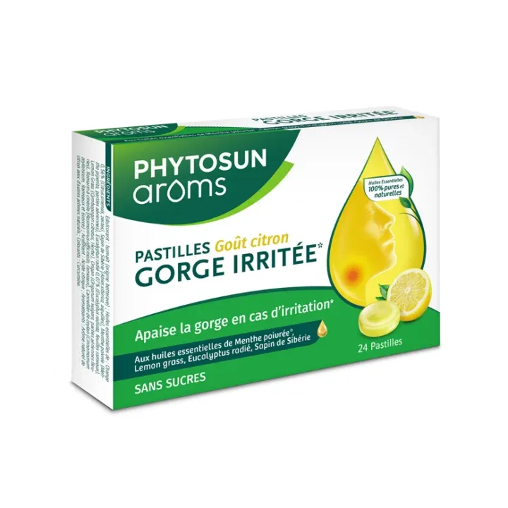 Pastilles gorge irritée sans sucre arôme citron Phytosun arôms - boite de 24 pastilles