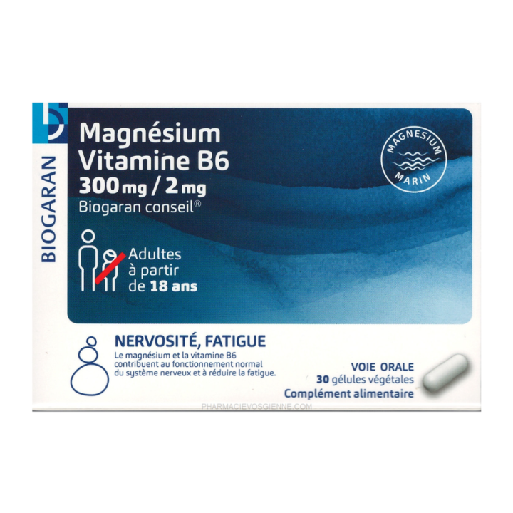 Magn&eacute;sium vitamine B6 300mg/2mg Biogaran - boite de 30 g&eacute;lules 